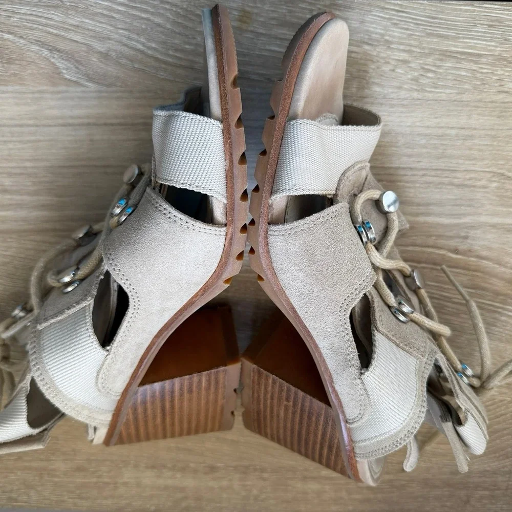 Sorel Joanie II Lace Sandals‎ Womens 8 Honest Beige Suede Block Heel NL3575-271